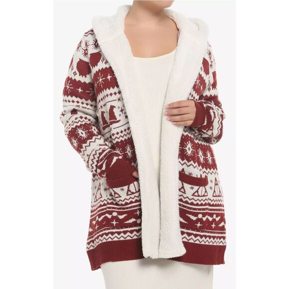 Harry Potter Fair Isle Sherpa Open Cardigan Sweater Hoodie Oversized Pockets Med - Picture 1 of 12